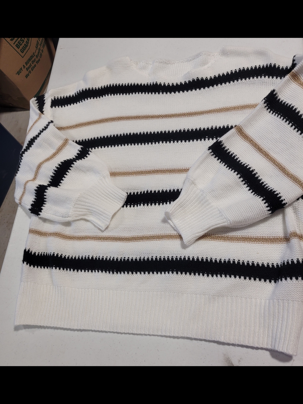 Women's White Crewneck Sweater with Black and Tan Stripes